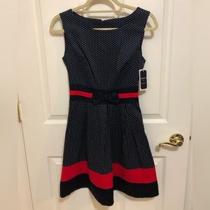 NWT Chopin Roma navy cotton dress with polka dots and red stripes size small